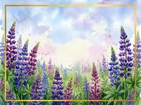 Watercolor lupine flowers field with golden frame border on pastel sky background for spring garden design and botanical decoration projects.