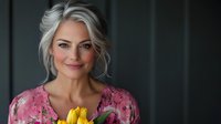 Confident mature woman with silver gray hair and natural makeup holding yellow tulips, wearing pink floral dress against dark background. Genuine smile radiates joy.