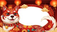 Cute cartoon fox in traditional Chinese New Year costume with ornate red and gold decorative frame, lanterns and festive elements for holiday greeting cards.