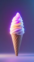 Glowing neon soft serve ice cream cone with vibrant purple pink swirls in waffle cone on gradient background for summer dessert concepts.