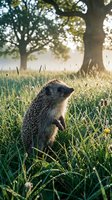 Cute hedgehog standing in green grass field during golden hour sunset with oak trees in background creating warm natural wildlife scene.
