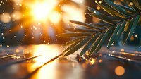Magical winter scene with pine branch in golden sunset light and sparkling bokeh effect, creating dreamy atmospheric nature background for seasonal designs.