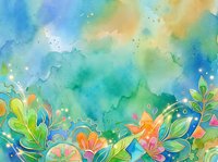 Colorful watercolor background with floral border, glowing botanical elements, teal blue and orange tones, sparkles, copy space for text.
