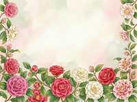 Watercolor floral border with pink, red, and white camellia roses on a soft pastel background, perfect for greeting cards and invitations.