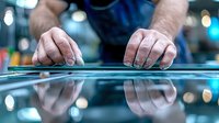 Male hands working on glass surface with reflection against blurred blue lights background, close up view showing precise manual craftsmanship.