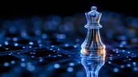 Glowing chess queen piece on digital circuit board with blue light reflection and bokeh effect, symbolizing strategic leadership and artificial intelligence.