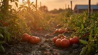 Fresh ripe tomatoes scattered on ground in organic vegetable garden during golden hour sunset creating warm agricultural harvest scene.