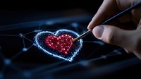 Digital heart shape glowing with red light connected by network lines while hand draws with stylus pen, representing love in modern technology age.