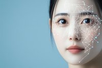 Facial recognition technology concept with digital mesh overlay on Asian woman's face against blue background for security and identification systems.