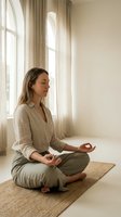 Young Caucasian woman practicing meditation in lotus position on woven mat by window with natural light streaming through curtains in minimalist room.