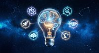 Light bulb with glowing brain inside surrounded by technology icons on cosmic space background. Innovation and artificial intelligence concept.