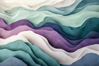 Abstract wavy layers in teal, purple and white create flowing organic pattern with soft textured surface and dimensional depth effect for modern wall art and design.
