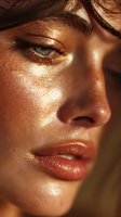 Close-up of woman with glowing skin and golden makeup in warm sunlight, showcasing dewy complexion and light-catching features for beauty advertising.