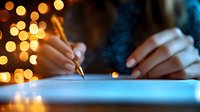 Female hands writing on paper with magical bokeh lights in background creating cozy atmosphere. Soft focus on fingers holding pen for journaling or letter writing.