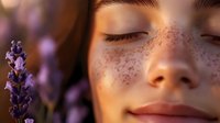 Young woman with freckles and closed eyes in soft sunlight next to purple lavender flower, expressing serenity and natural beauty in skincare and wellness concept.