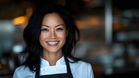 Professional Asian female chef smiling confidently in modern restaurant kitchen wearing white coat and black apron ready for culinary service.
