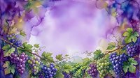 Watercolor grape vines frame with purple clusters and green leaves creating natural border on soft lavender background for wine industry designs.
