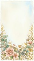 Watercolor floral frame with pink roses, gold swirls, and green leaves on a soft background, perfect for wedding invitations and greeting cards.