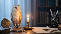 White barn owl perched on antique wooden desk with burning candle, old books, compass and quill pen creating mystical scholarly atmosphere for fantasy themes.