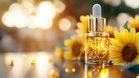 Golden essential oil dropper bottle with sunflower and glowing bokeh lights creates luxurious spa atmosphere. Natural skincare and aromatherapy concept.