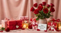 Romantic Valentine's Day setup with red roses bouquet, wrapped gifts, greeting card and heart decorations on pink silk backdrop for love celebration.