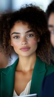 Young mixed race businesswoman with natural curly hair and freckles wearing green blazer, looking confidently at camera. Professional headshot portrait.