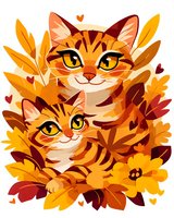 Cute cartoon tigers among autumn leaves and hearts. Orange and burgundy fall foliage surrounds playful feline characters with yellow eyes. Decorative art style.