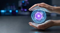 Hands protecting glowing energy sphere with purple core and blue rings, symbolizing innovation, technology protection, and digital transformation concepts.