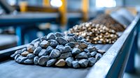 Crushed stone and gravel on industrial conveyor belt at mining factory, raw materials for construction and road building, selective focus on foreground pile.