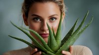 Young Caucasian woman holding aloe vera plant against soft teal background, showcasing natural skincare and wellness concept for beauty products.