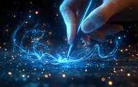 Glowing blue light trails created by finger touch on dark surface with magical sparkles and bokeh effects, artistic digital concept for technology innovation.