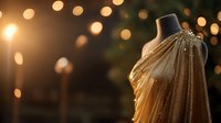 Elegant gold evening gown on mannequin with sparkly tulle overlay against blurred bokeh lights background creates luxurious fashion atmosphere for special occasions and celebrations.