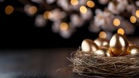 Golden eggs nestled in natural nest with warm bokeh lights creating luxurious Easter celebration atmosphere for holiday decorations and seasonal marketing.