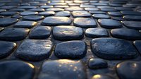 Wet cobblestone pavement with sunlight reflection creating atmospheric mood. Dark stones with water drops and golden light effects form traditional street pattern.
