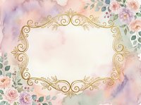 Ornate gold frame with watercolor floral border featuring roses and foliage on soft pastel background. Isolated design element suitable for invitations, greeting cards, and wedding stationery projects.