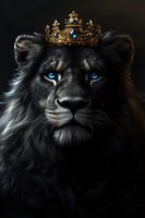 Majestic black lion with piercing blue eyes wearing golden crown against dark background, dramatic lighting highlights regal features and flowing mane.