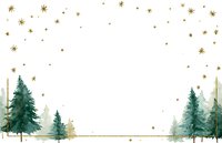 Watercolor winter forest frame with gold stars and pine trees on white background, perfect for holiday greeting cards.