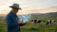 Mature rancher using digital tablet with holographic interface managing smart cattle farm technology at sunset in rural landscape with grazing livestock.