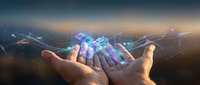 Hands holding holographic digital data cubes with glowing network connections in futuristic technology concept for business innovation and data management.