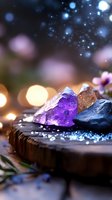 Glowing purple amethyst crystal and mineral stones on wooden surface with magical bokeh lights and sparkles in mystical atmosphere. Wellness and spiritual concept.