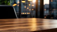 Wooden table surface with blurred cafe interior background and warm bokeh lights creating cozy atmosphere for restaurant or coffee shop business concept.