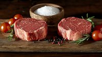 Raw beef tenderloin steaks with rosemary sprigs, cherry tomatoes, sea salt and peppercorns on rustic wooden cutting board, food photography.