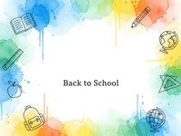 Back to school watercolor frame with educational icons and rainbow splash background for student learning materials and academic designs.