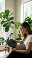 Young Caucasian woman using tablet computer at home surrounded by green houseplants near bright window. Remote work and digital lifestyle concept.