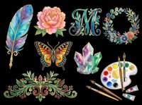 Watercolor feather, rose flower, butterfly, crystal cluster, ornamental flourish, monogram letter M, floral wreath, artist palette with brushes isolated on transparent background. Ready for t-shirt design, clipart, stickers, sublimation, print-on-demand products and digital crafts.