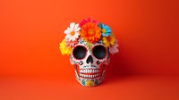 Decorative sugar skull with bright floral crown featuring colorful daisies on vibrant red background. Mexican folk art celebration symbol isolated for creative projects.