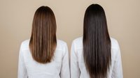 Two women showing different hair lengths and colors from behind, brunette and dark brown straight hair for beauty salon comparison concept.
