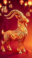 Golden ornate goat with traditional Chinese patterns and lanterns for lunar new year celebration and zodiac festivities on red gradient background.