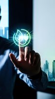 Businessman holding glowing neon leaf and energy icon with cityscape background, representing renewable energy, sustainability, and green technology innovation for corporate use.