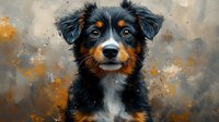 Australian shepherd puppy portrait with black, brown and white fur against artistic moody background with orange accents and bokeh effects. Expressive eyes and alert expression.